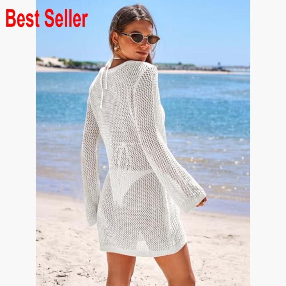 Acrylic Crochet Beach Cover Up Swimsuit Dress Hollow Out Mesh - Picture 5 of 7